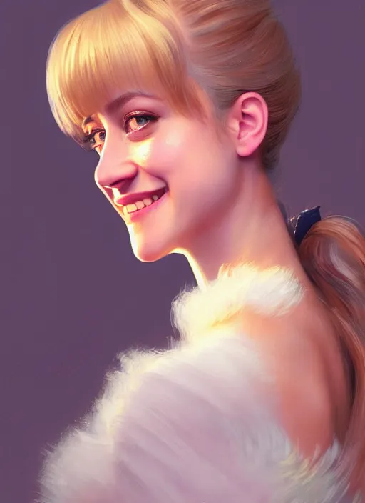 Prompt: portrait of lili reinhart with fluffy bangs, smiling kindly, bangs, 1 9 6 0 s, ponytail, fluffy bangs and ponytail, intricate, elegant, glowing lights, highly detailed, digital painting, artstation, concept art, smooth, sharp focus, illustration, art by wlop, mars ravelo and greg rutkowski