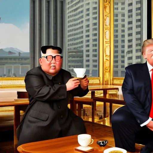 Prompt: donald trump and kim jong un drinking tea together inside a skyscraper cafe in central pyongyang, with the view out the window of kim il - sung square in the background, soft faraway lights over them, coffee shop setting, very realistic, very intricate, very detailed, photorealistic, hd