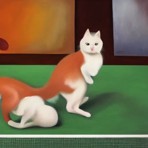 Prompt: Dos gatos jugando al ping pong sobre fondo naranja, oil painting