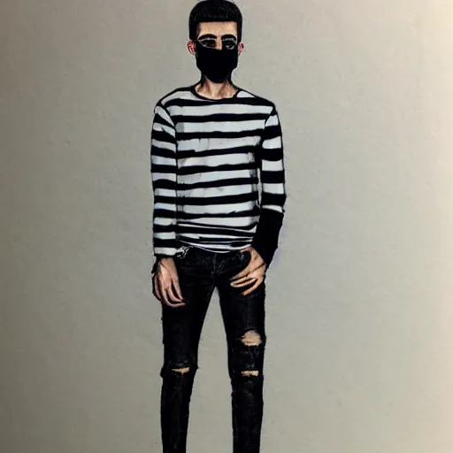 Image similar to professional pencil sketch of a full-body view of a stylish young adult man with short hair wearing a black face mask, a striped long-sleeved shirt, and ripped skinny jeans, high quality, HD, 8K, highly detailed, award-winning