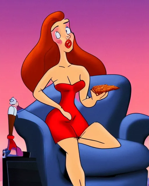 Image similar to Jessica Rabbit eating a bag of Doritos, sitting on a chair, Who Framed Roger Rabbit 2D animation still