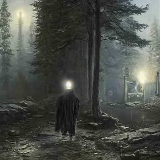 Image similar to a hooded figure carrying a torch approaches an abandoned tavern on a moonlit night, Ivan Shishkin and Greg Rutkowski