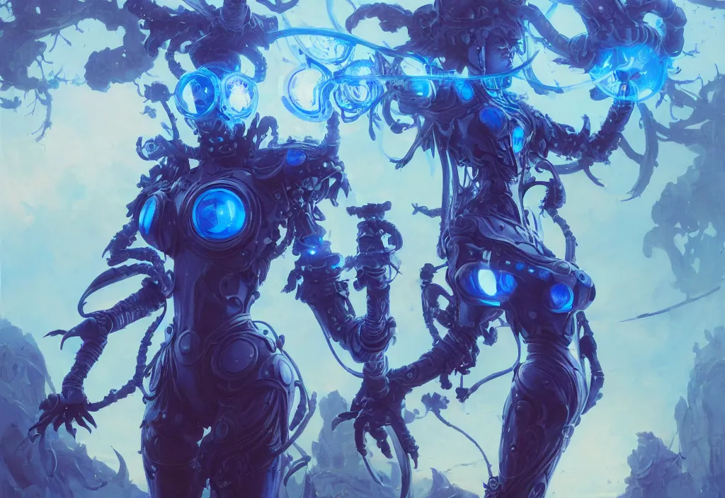 Prompt: wide view picture of a blue mech armor witch, standing on a floating greed cubes with monster companions, model pose, very brightening eyes, huge magic circles on the hand, magic and fantasy, extremely beautiful and aesthetic and detailed cute face, specular reflection, occlusion shadow, intricate, masterpiece, by ilya kuvshinov and jeremy lipking and quentin mabille