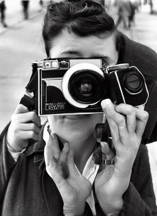 Prompt: street photography selfie with a camera by vivian maier. professional photography.