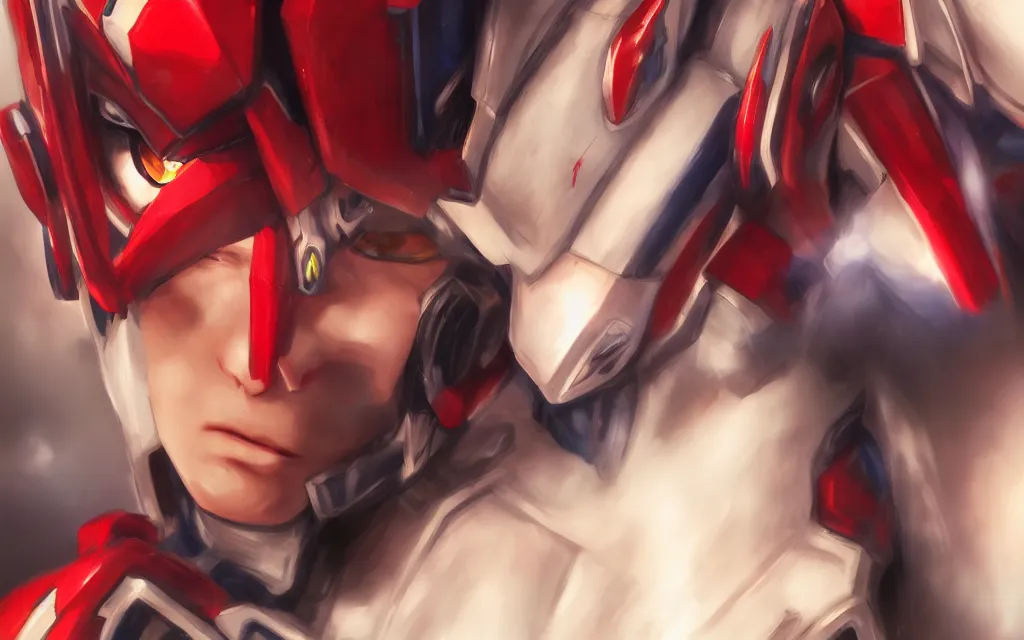 Image similar to A realistic anime portrait of a Gundam with glowing red eyes, digital painting, by Stanley Artgerm Lau, Sakimichan, WLOP and Rossdraws, digtial painting, trending on ArtStation, SFW version