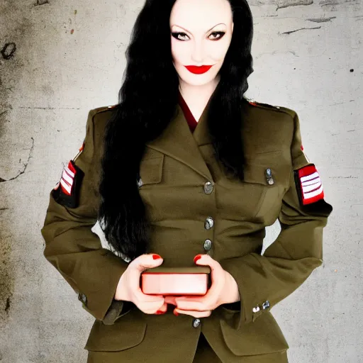 Image similar to dslr portrait photo of morticia addams in military uniform, high resolution, f 2. 8, iso 4 0 0,, 4 k, photorealistic, cinematic, masterpiece,