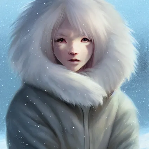 Image similar to aesthetic portrait commission of a albino male furry anthro lion wearing a cozy outfit in the snow pastel, Character design by charlie bowater, ross tran, artgerm, and makoto shinkai, detailed, inked, western comic book art, 2021 award winning painting