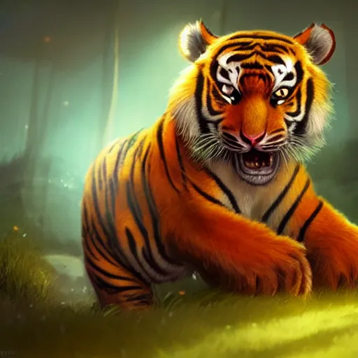 Image similar to adorable glowing tiger, trending on art station, cute, big eyes, matte painting, concept art, pixar, disney, highly detailed, cinematic composition, unreal engine, sharp focus, realistic