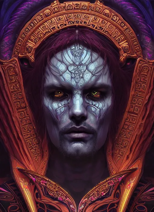 Prompt: ancient merciless necromancer lord face portrait, intricate artwork by josan gonzalez, artgerm, edmund leighton, kilian eng, alphonse mucha, very coherent artwork, cinematic, psychedelic, vibrant, octane render, unreal engine, 8 k, high contrast, black ink outline