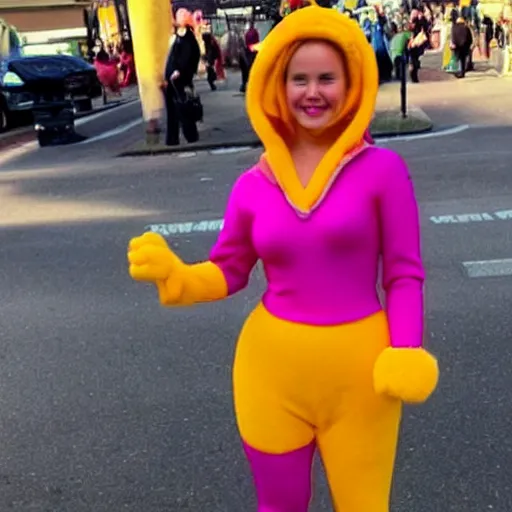 Prompt: beautiful woman dressed as a teletubbie