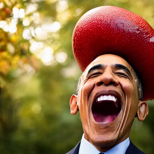 Prompt: portrait photo of Obama finding a giant red mushroom, exhilarated, portrait, closeup. mouth open, 30mm, bokeh