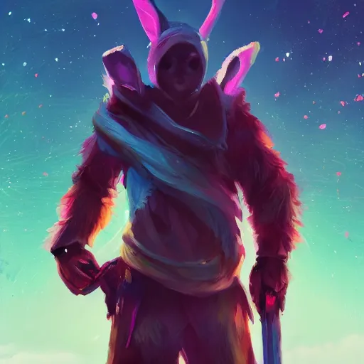 Image similar to a majestic, beautiful humanoid bunny rabbit in the style of the drifter from the video game hyperlight drifter holding a sword made of light, award winning, oil painting, detailed, 4k, highlight