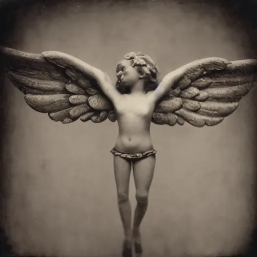 Image similar to closeup wet plate photograph of an angel dancing on the head of a pin, daguerreotype, collodion photography, studio lights, eye catching, exaggerated texture