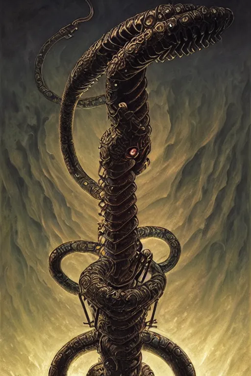 Prompt: masterpiece, infernal caduceus serpent staff, doom, elegant majestic, art by h. r. giger, greg rutkowski, josan gonzalez, alexey egorov, biomechanical, alchemy, monogram