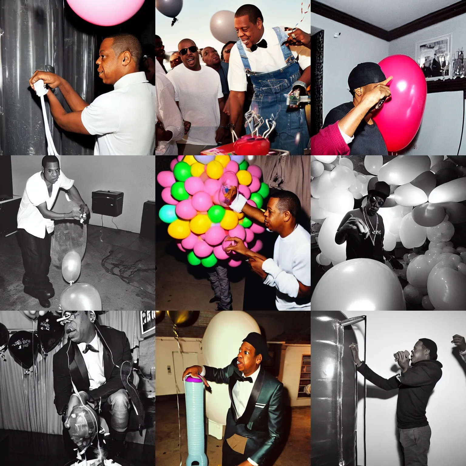 Prompt: jay-z filling up balloons from a helium tank at a party, photo