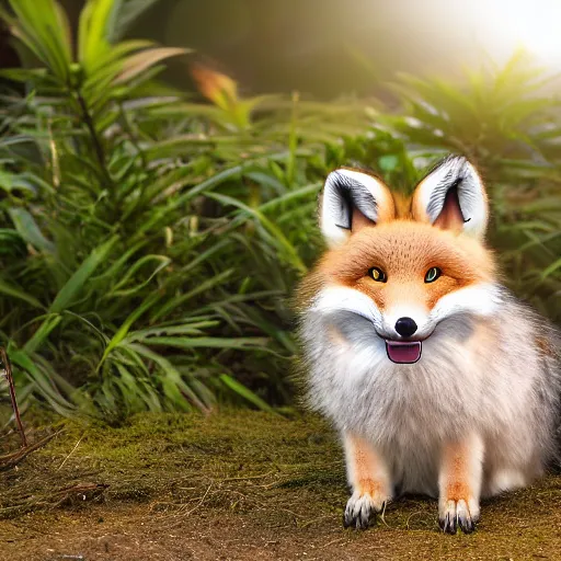 Image similar to a photorealistic adorable chubby fennic fox wolf rabbit hybrid, wearing bows on its fuzzy ears, grinning at the camera with a mischievous look, sharp teeth, happy lighting, at a tropical beach