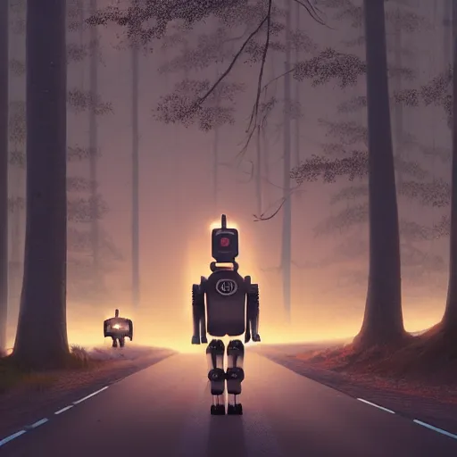 Image similar to Beautiful cinematic scene of a robot walking alongside an empty road surrounded by trees, evening, peaceful, science fiction, award-winning, cinematic lighting, insanely detailed, very realistic, Artstation, Cgsociety, by Simon Stalenhag