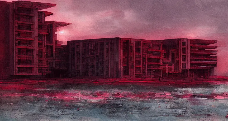 Image similar to seaside brutalist building bathed in crimson light, night, dark, by Cédric Peyravernay