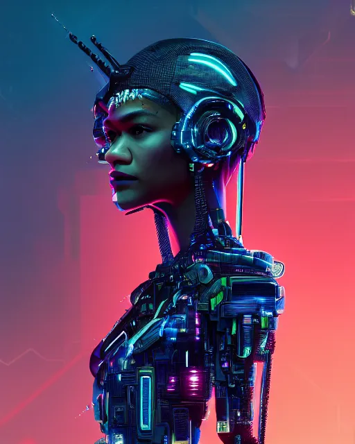 Image similar to portrait of Zendaya as a cyberpunk cyborg. intricate abstract. intricate artwork. by Tooth Wu, wlop, beeple, dan mumford. octane render, trending on artstation, greg rutkowski very coherent symmetrical artwork. cinematic, hyper realism, high detail, octane render, 8k, iridescent accents