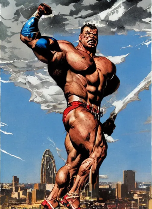 Image similar to full body and head portrait of huge rich piana in tattered superhero costume, dynamic action, painted by norman rockwell and phil hale and greg staples and tom lovell and frank schoonover and jack kirby