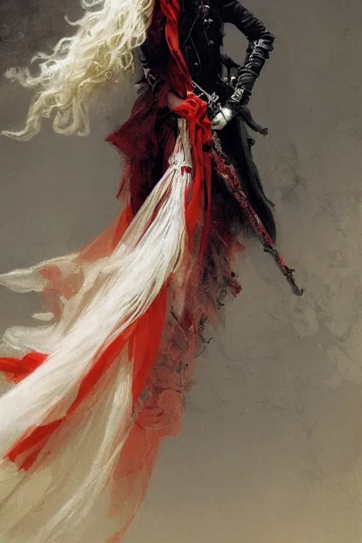 Image similar to a vampire with long light white hair and a red scarf, windy, ribbons, melancholic, modern maximalist fashion dress, is ( ( holding a sword ) ). light dust, magnificent, hyperdetailed, theatrical, painted by jean honore fragonard and greg rutkowski