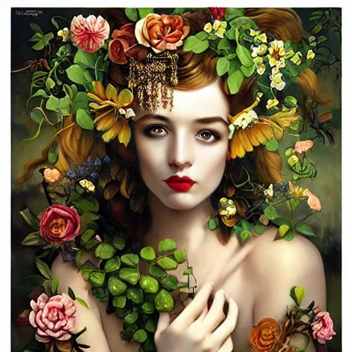 Image similar to dynamic composition, a painting of woman with hair of ( summer flowers )!! and vines wearing ornate earrings, ornate gilded details, a surrealist painting by tom bagshaw and jacek yerga and tamara de lempicka and jesse king, featured on cgsociety, pop surrealism, surrealist, dramatic lighting, wiccan, pre - raphaelite