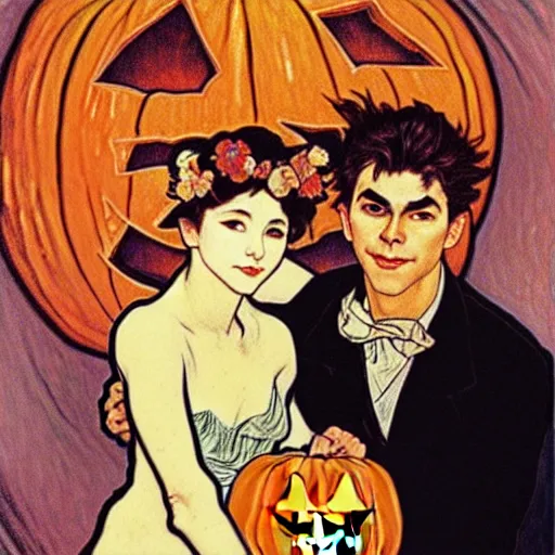 Image similar to painting of handsome young beautiful jeff and gorgeous rina together at the jack o'lantern halloween party, elegant, soft features, delicate facial features, clear, painting, stylized, art, art by alphonse mucha, vincent van gogh, egon schiele,