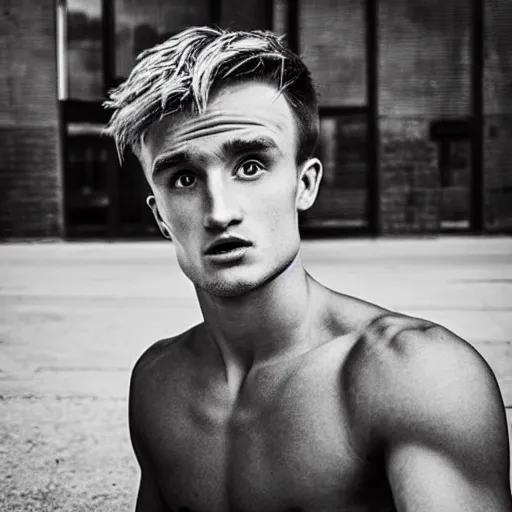 Image similar to “a realistic detailed photo of a guy who is an attractive humanoid who is half robot and half humanoid, who is a male android, Jack Laugher, shiny skin, posing like a statue, blank stare”