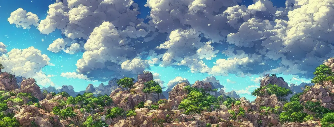 Prompt: a beautiful, dreamy, wistful sky filled with raining boulders. hyperrealistic anime background illustration by kim jung gi, colorful, extremely detailed intricate linework, smooth, super sharp focus, bright colors, high contrast, matte, octopath traveler, unreal engine 5 highly rendered, global illumination, radiant light