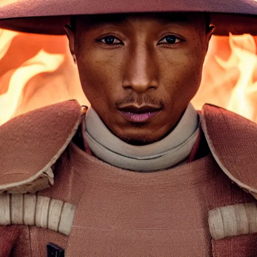 Prompt: cinematic film still Pharrell Williams starring as a Samurai holding fire, Japanese CGI, VFX, 2022, 40mm lens, shallow depth of field,film photography