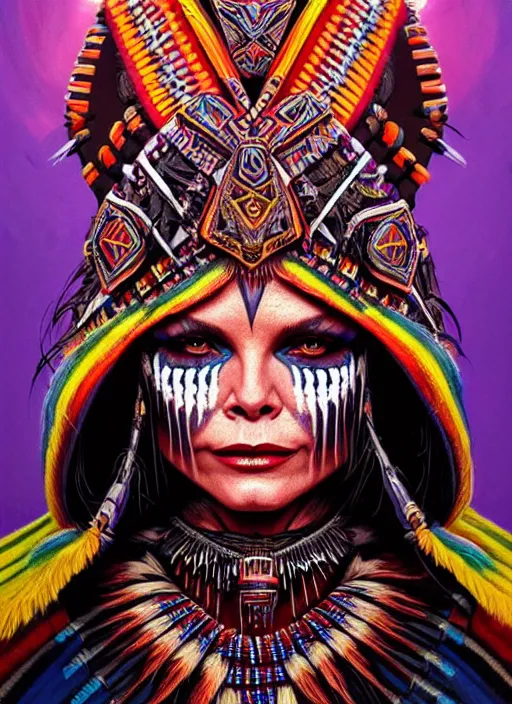 Image similar to portrait of michelle pfeiffer, hyper detailed ultra sharp aztec shaman warrior. trending on artstation, warpaint aesthetic, bloodwave, colorful, psychedelic, ornate, intricate, digital painting, concept art, smooth, sharp focus, illustration, art by artgerm and greg rutkowski and h. r. giger, 8 k