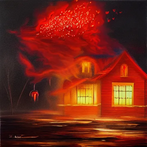 Image similar to Beautiful surreal oil painting of a burning old red house, the flames turn into flying flower petals, by Sergei Aparin,