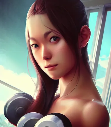 Image similar to beautiful portrait of a gorgeous personal trainer who looks like Marin Kitagawa , character design by charlie bowater, ross tran, artgerm, and makoto shinkai, detailed, soft lighting, rendered in octane