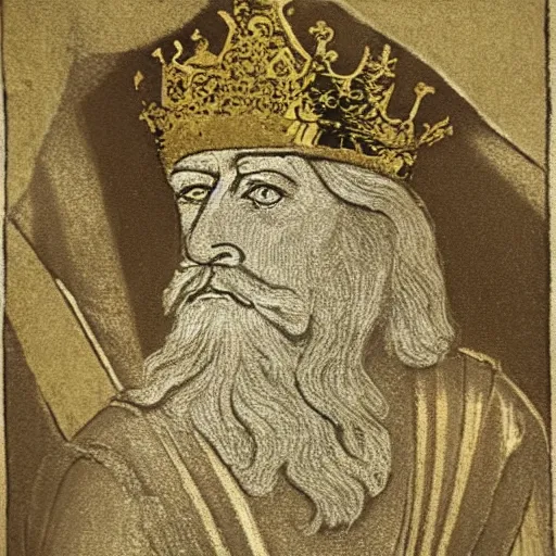 Image similar to King Midas, illustrated by Laurence Housman, etching with gold leaf