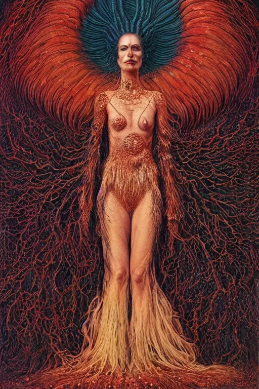 Image similar to cosmic horror eldritch lovecraftian full body portrait of eva green as the emerald queen of feathers by wayne barlowe, agostino arrivabene, denis forkas