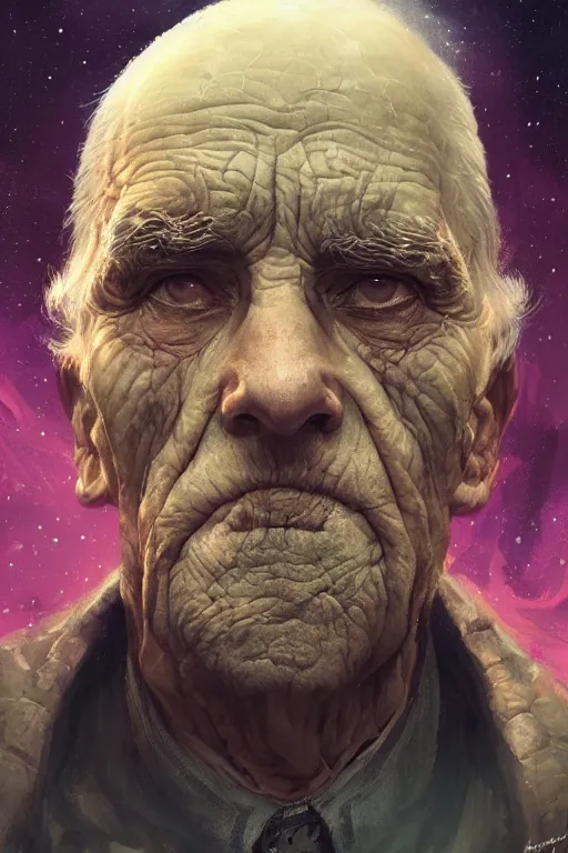 Image similar to the look of an elderly person full of wrinkles and imperfections by artgem and greg rutkowski, highly detailed, high contrast, trippy, nebula, trending on artstation