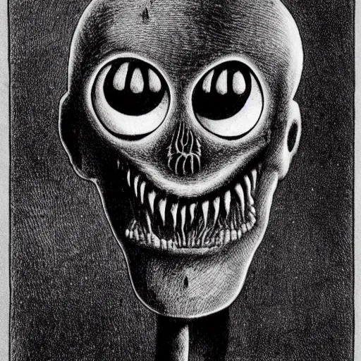 Prompt: humanoid with crooked teeth, black eyes, gaping mouth, alien looking, big forehead, horrifying, killer, creepy, dead, monster, tall, skinny, open mouth, skullish, deathly, in the style of alfred kubin