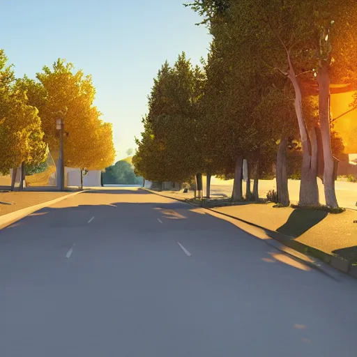 Prompt: neighborhood street, golden hour, golden sunshine, trees over road, shining sun in distance, trees, juniper trees, oak trees, cars parked in street, long street, distance, cel - shaded, raytracing, cel - shading, toon - shading, unreal engine 5