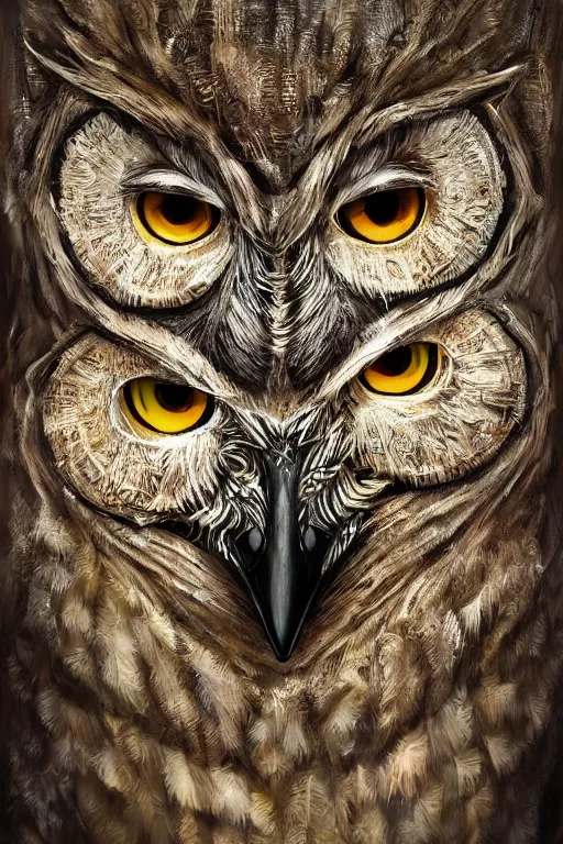 Image similar to humanoid figure owl faced monster, symmetrical, highly detailed, digital art, sharp focus, amber eyes, moss, trending on art station