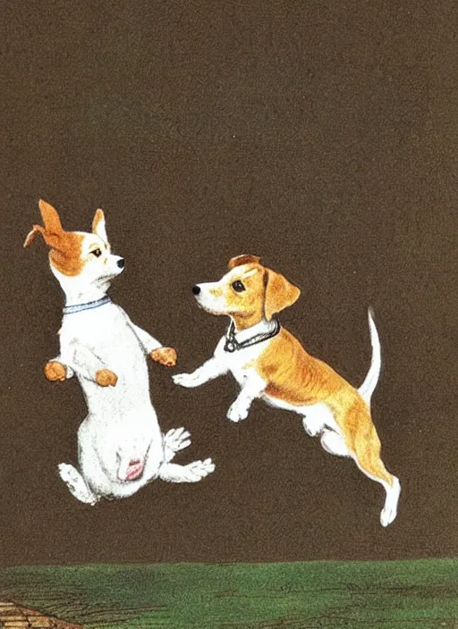 Prompt: jack russel terrier jumping over and over, illustrated by peggy fortnum and beatrix potter and sir john tenniel