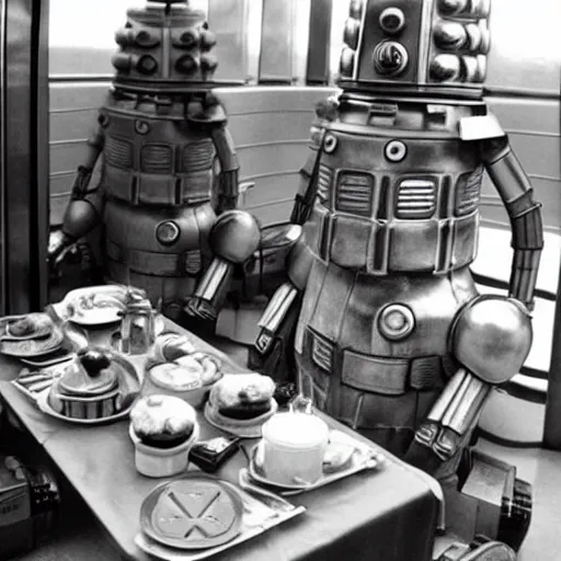 Prompt: the cybermen are having a picnic with a dalek in a train