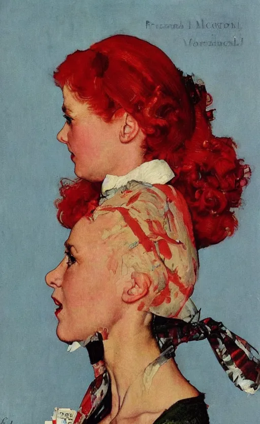 Image similar to a portrait made by norman rockwell!! of a red head woman! on an ocean liner!!!