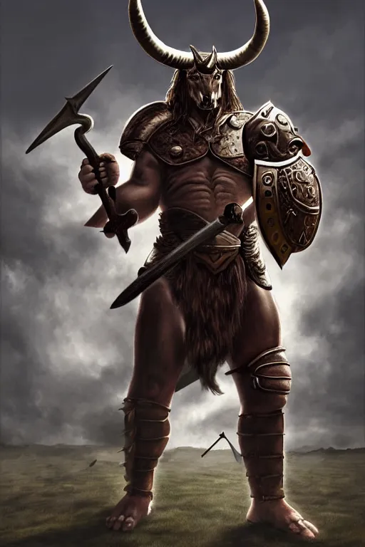 Prompt: Giant horned minotaur warrior wielding a sword and shield, leather armor, full body, muscular, dungeons and dragons, hyperrealism, high details, digital painting, dark fantasy