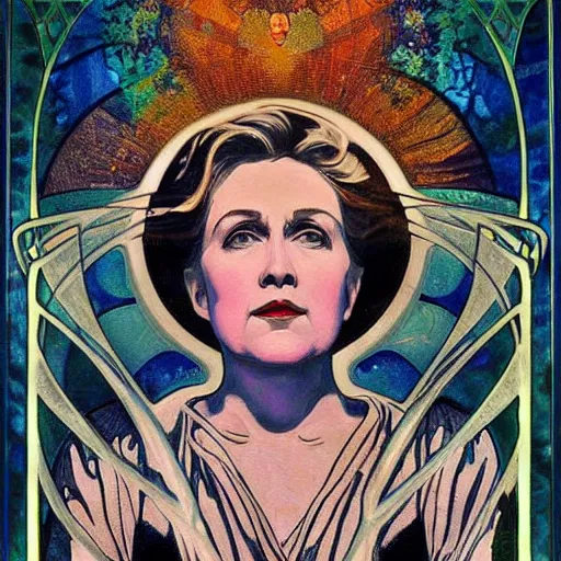 Prompt: a dramatic ethereal epic symmetrical painting of a handsome hilary clinton | tarot card, art deco, art nouveau, steampunk, homoerotic, realistic | by louis comfort tiffany and alphonse mucha | trending on artstation