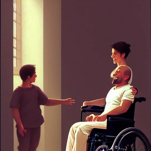 Image similar to a male patient in a wheelchair in the hospital with his wife and son standing by. happy, cheerful, smiling, intricate, face enhance, sharp focus, cinematic lighting, featured in artistation, 8 k, art by greg rutkowski, william adolphe bouguereau