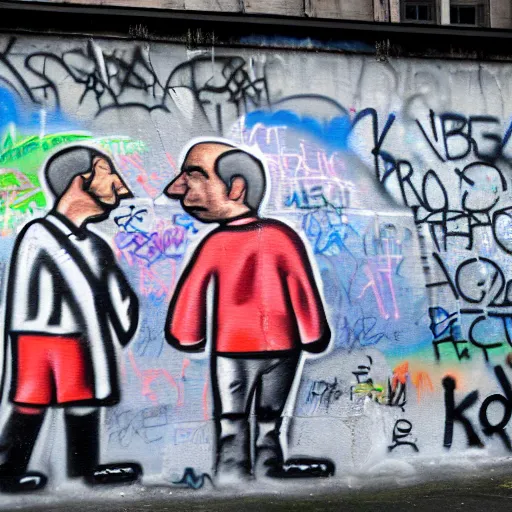 Prompt: Vladimir Putin and Sergey Lavrov, kiss on the Berlin wall graffiti, 8k