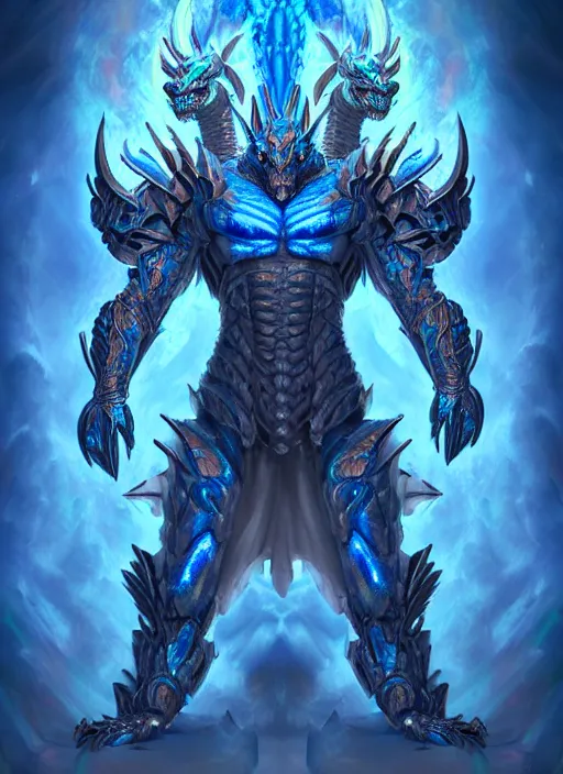 Prompt: muscular and tall blue ghostly fire humanoid dragon!!!! draconian!! intricate ornate iridescent heavy armor!! character concept art, sharp focus, octane render! unreal engine 5! highly rendered!! trending on artstation!! detailed linework!! illustration by artgerm, wlop, and chie yoshii