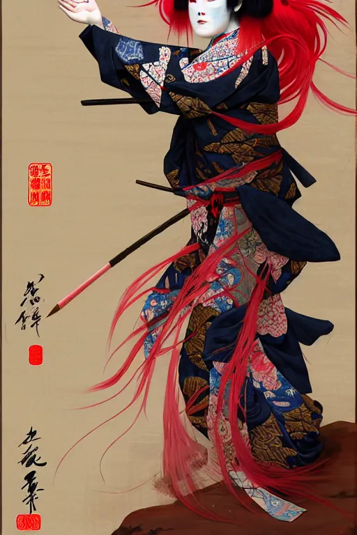 Prompt: elaborate illustration of an insane kabuki warrior showing his palm while emitting a visible aura of madness, intricate kimono and a red wig, crossed eyes, hazy atmosphere, in the style of fenghua zhong and ruan jia and jeremy lipking and peter mohrbacher, mystical colors, rim light,