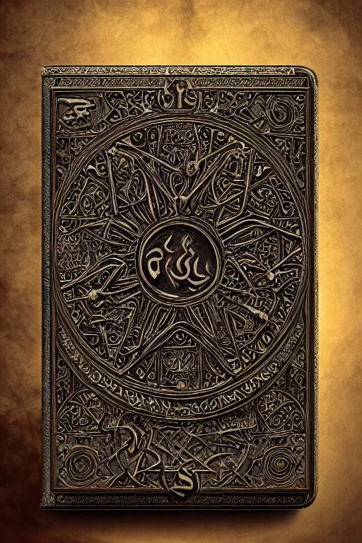 Prompt: an ancient ornate intricate old tome spell book satanic poetry with the sigil symbol of diablo emblazoned on the cover, cinematic, realistic, intricate detail, finely detailed, small details, extra detail, photorealistic, high resolution, 3 d, pbr, path tracing, volumetric lighting, octane render, arnold render, 8 k