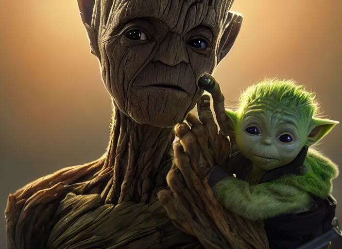 Prompt: a dramatic highly detailed render of baby groot and baby yoda, futuristic marvel and star wars vibe, by WLOP and Artgerm and Greg Rutkowski and Alphonse Mucha, Beautiful dynamic dramatic dark moody lighting, shadows, cinematic atmosphere, Artstation, concept design art, Octane render, 8K, masterpiece, sharp focus, hyperrealistic